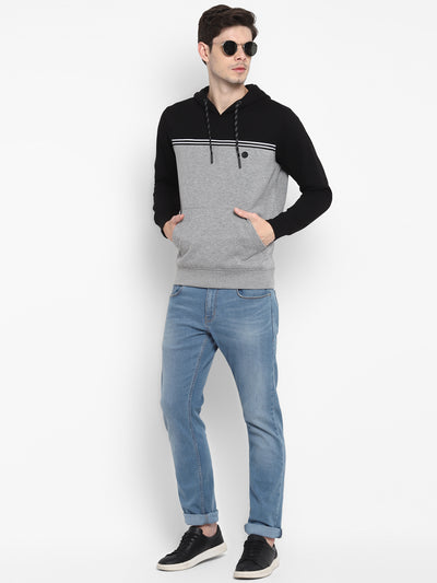 Solid Grey & Blue Full Sleeve Hooded Sweatshirt for Men