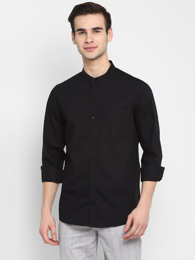 Solid Black Slim Fit Causal Shirt with Band Collar For Men
