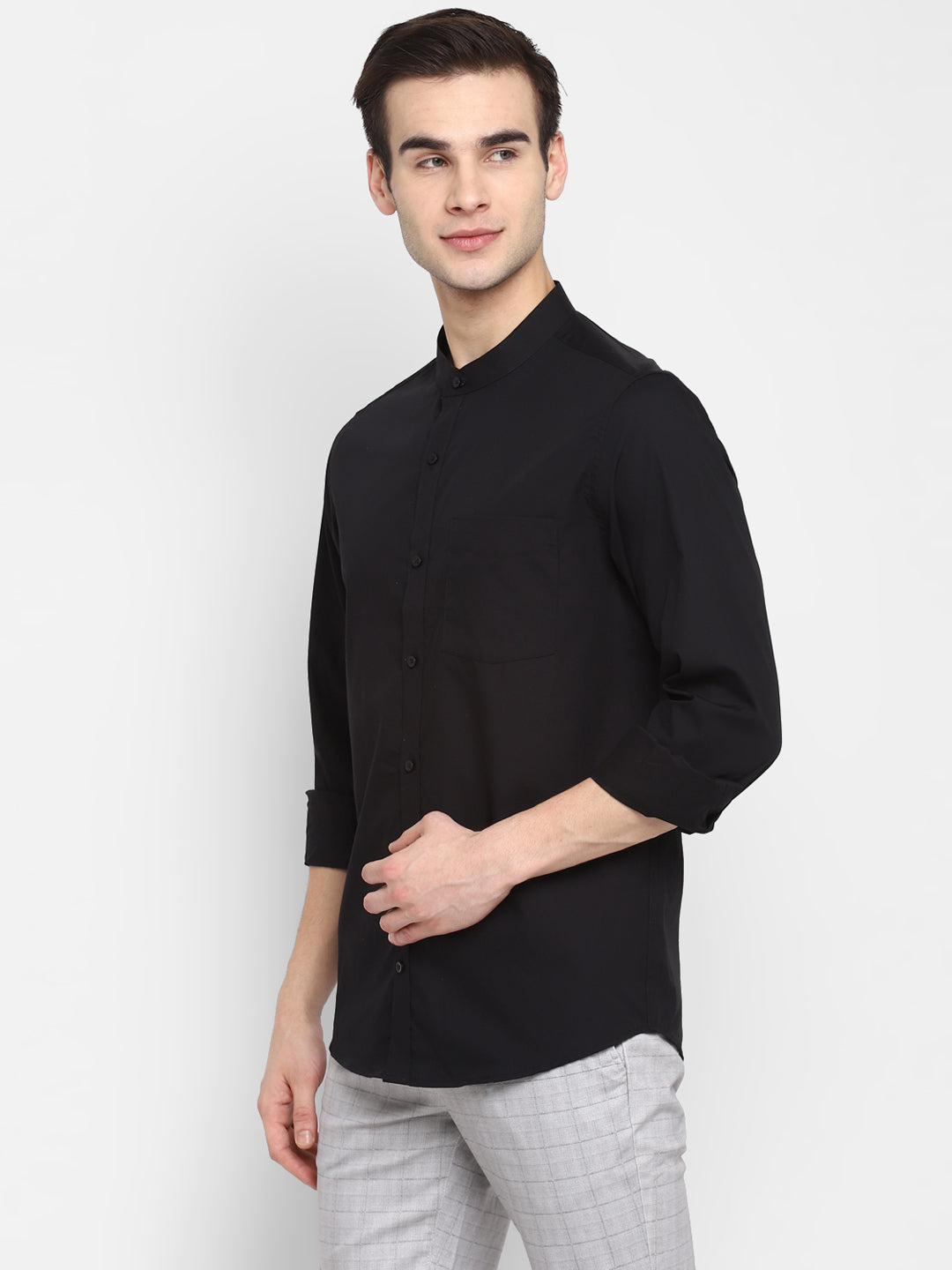 Solid Black Slim Fit Causal Shirt with Band Collar For Men