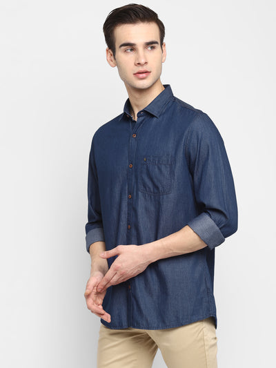 Solid Navy Blue Slim Fit Casual Shirt For Men