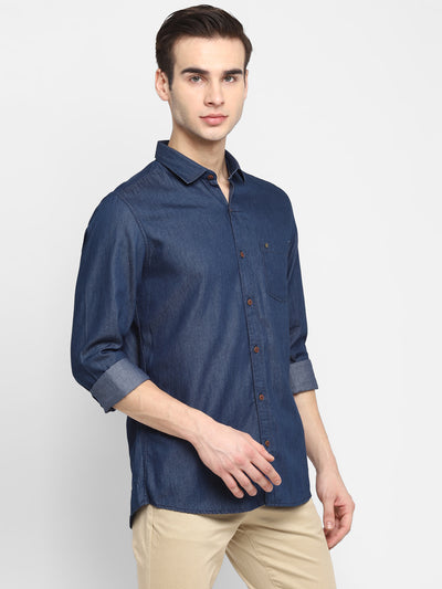 Solid Navy Blue Slim Fit Casual Shirt For Men