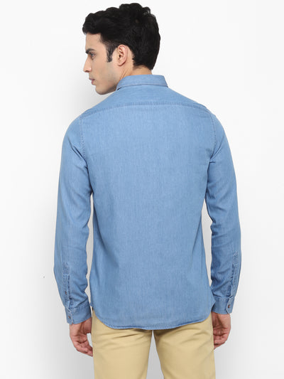 Solid Blue Slim Fit Casual Shirt For Men