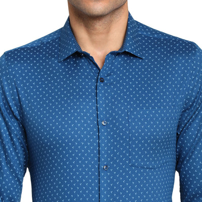 Cotton Blue Slim Fit Printed Formal Shirts
