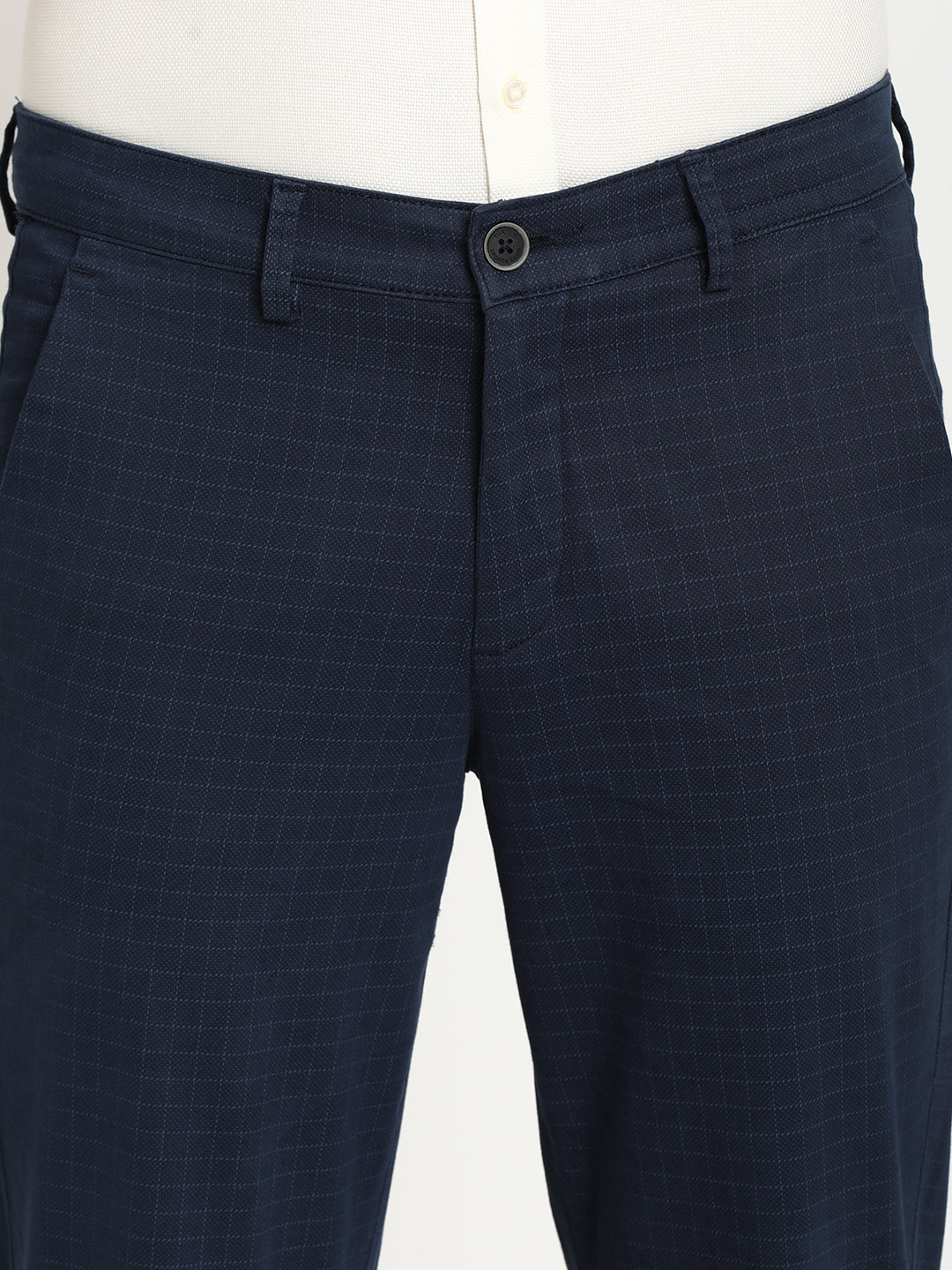 Cotton Stretch Navy Blue Checked Ultra Slim Fit Trouser