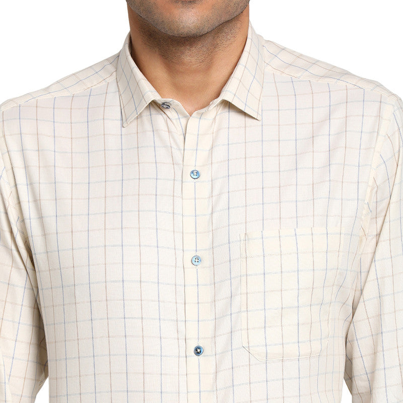 Cotton Off White Regular Fit Checked Formal Shirt