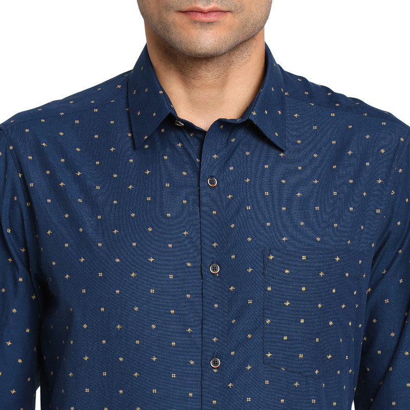 Cotton Navy Blue Regular Fit Printed Formal Shirts
