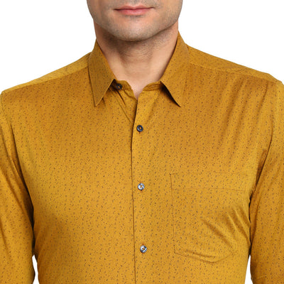 Cotton Mustard Yellow Slim Fit Printed Formal Shirts