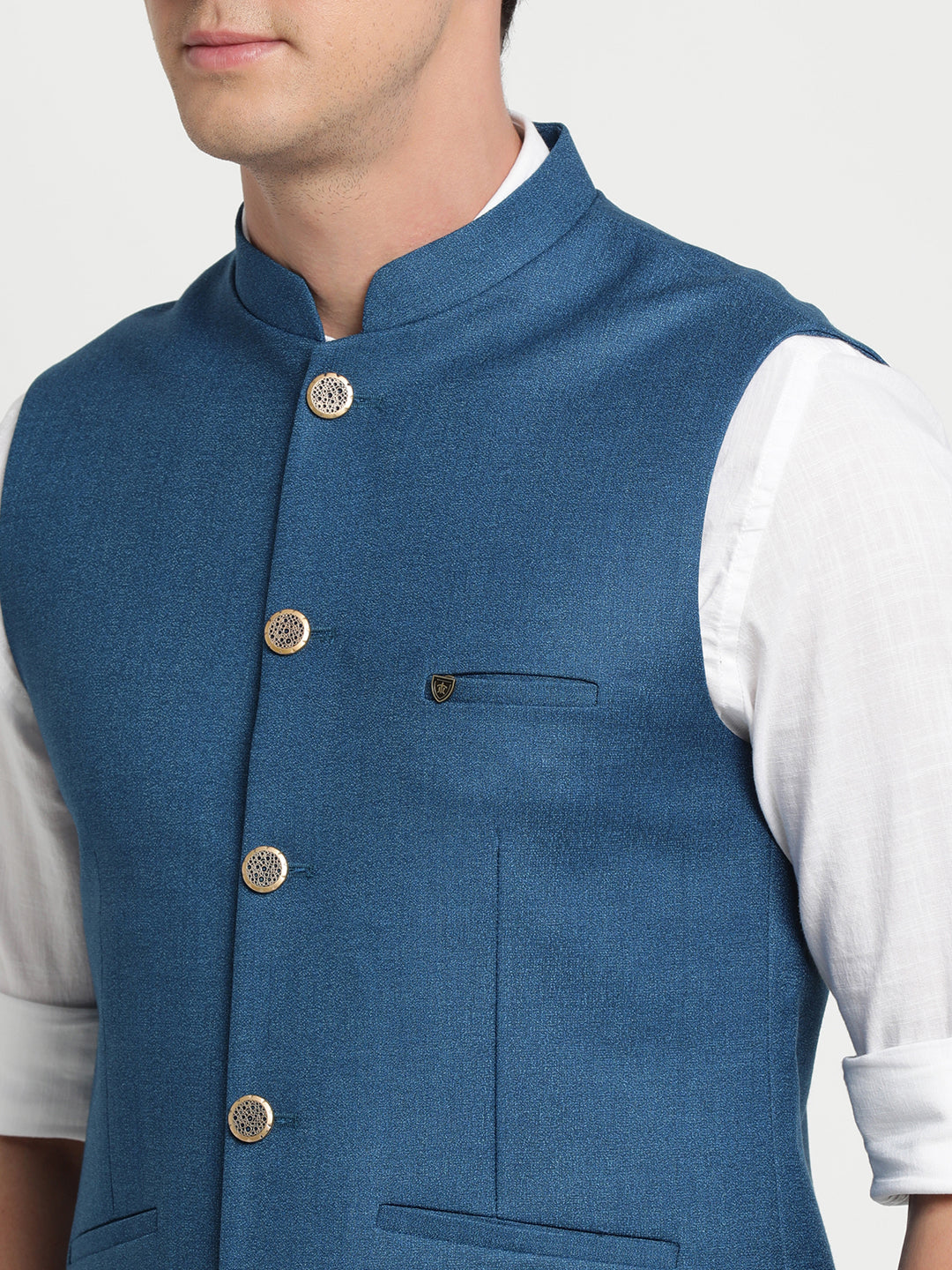 Turtle Men Navy Blue Self Design Nehru Jacket