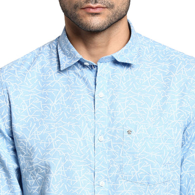 Turtle Men Cotton Sky Blue Slim Fit Printed Casual Shirts