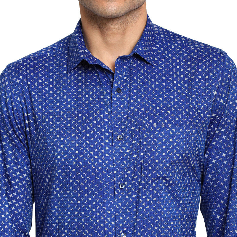 Cotton Blue Regular Fit Printed Formal Shirts