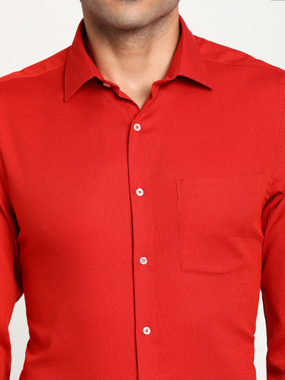Red Cotton Self Design Slim Fit Shirt