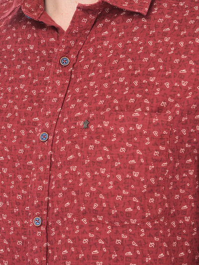 Turtle Men Cotton Red Slim Fit Printed Shirts