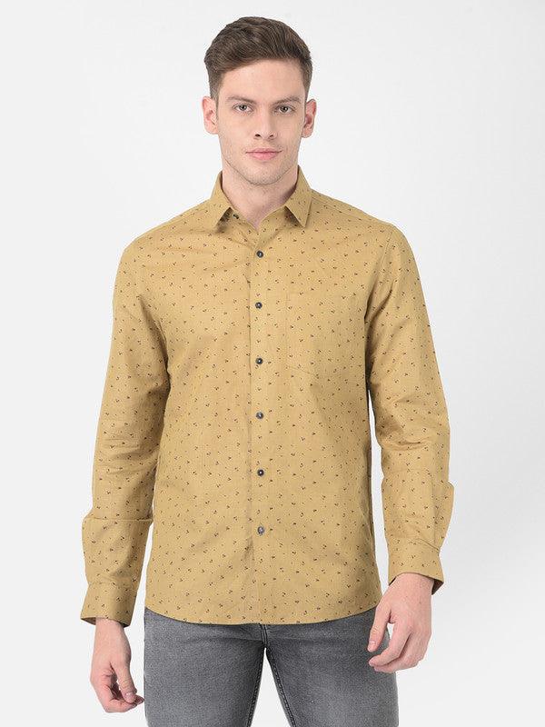 Cotton Linen Khaki Regular Fit Printed Shirt