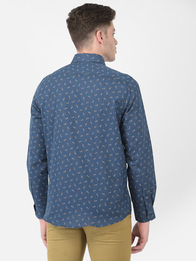 Cotton Linen Blue Regular Fit Printed Shirt