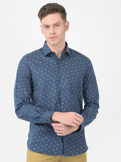 Cotton Linen Blue Regular Fit Printed Shirt