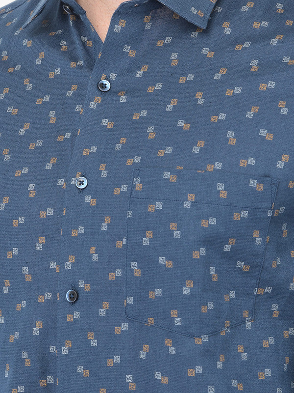 Cotton Linen Dark Blue Slim Fit Printed Shirt