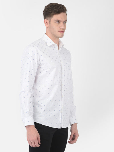 Cotton Linen White Regular Fit Printed Shirt