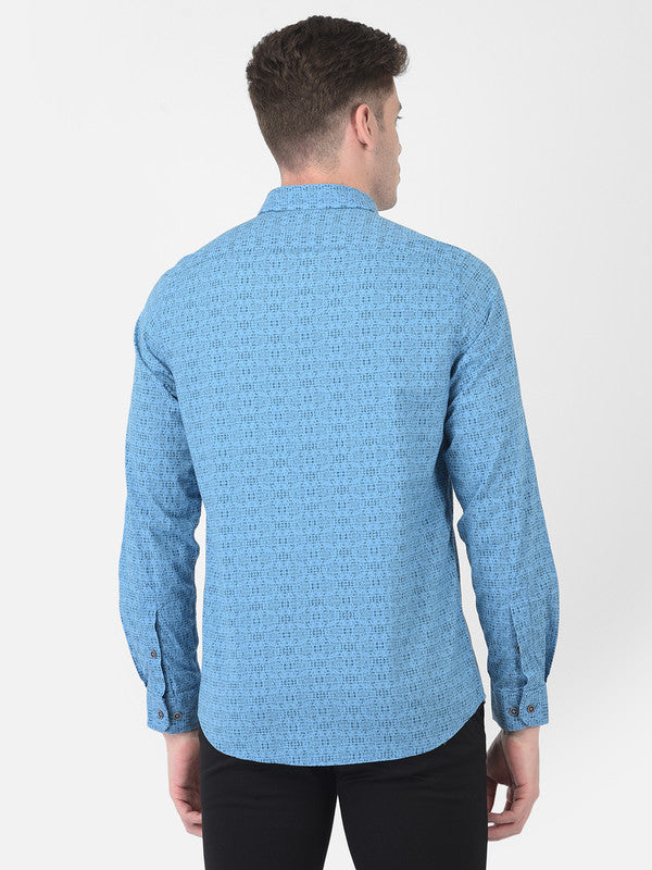 Cotton Blue Slim Fit Printed Casual Shirts