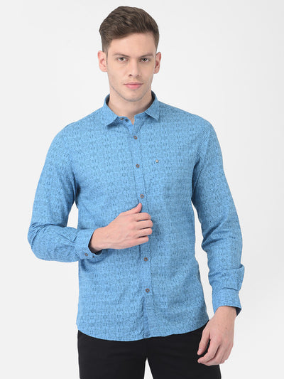 Cotton Blue Slim Fit Printed Casual Shirts