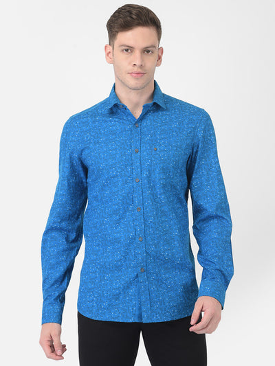 Cotton Blue Slim Fit Printed Shirt