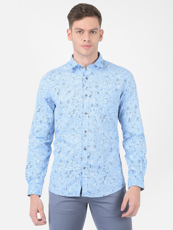 Cotton Blue Slim Fit Printed Shirt