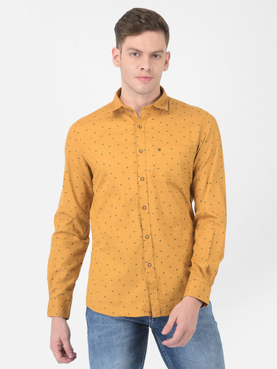 Cotton Yellow Slim Fit Printed Casual Shirt