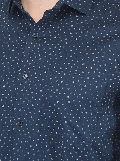 Cotton Blue Regular Fit Printed Shirt