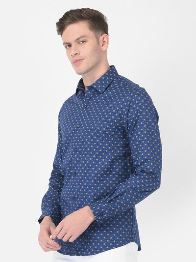Cotton Blue Regular Fit Printed Shirt