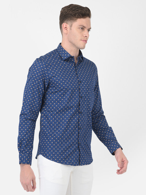 Cotton Dark Blue Slim Fit Self Design Formal Shirt