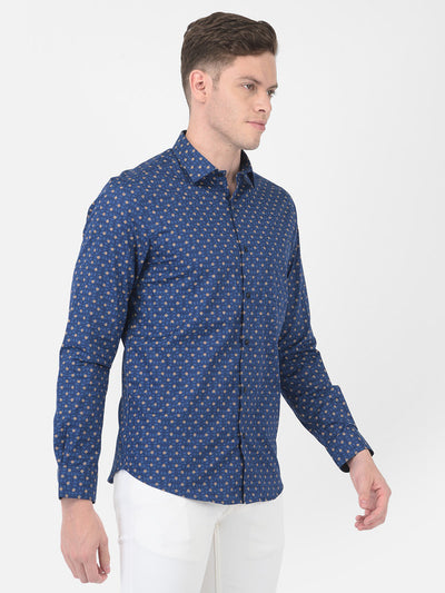 Cotton Dark Blue Slim Fit Self Design Formal Shirt