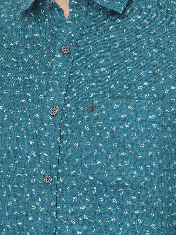 Cotton Blue Slim Fit Printed Shirt