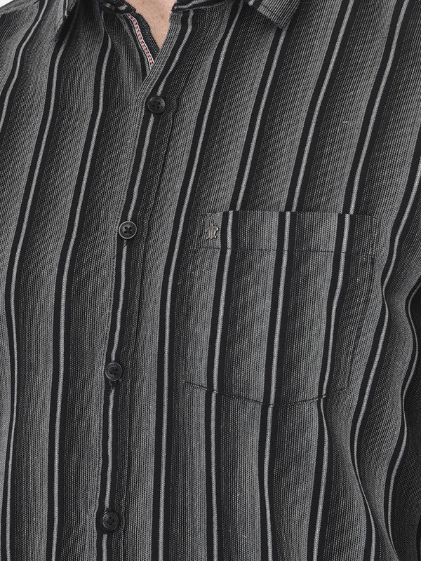 Cotton Melange Black Slim Fit Striped Casual Shirt