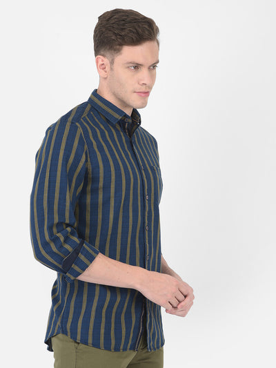 Cotton Dark Blue Slim Fit Striped Shirt