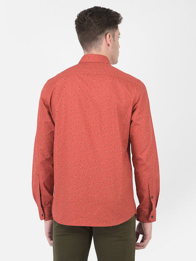 Cotton Linen Brick Red Regular Fit Printed Shirt