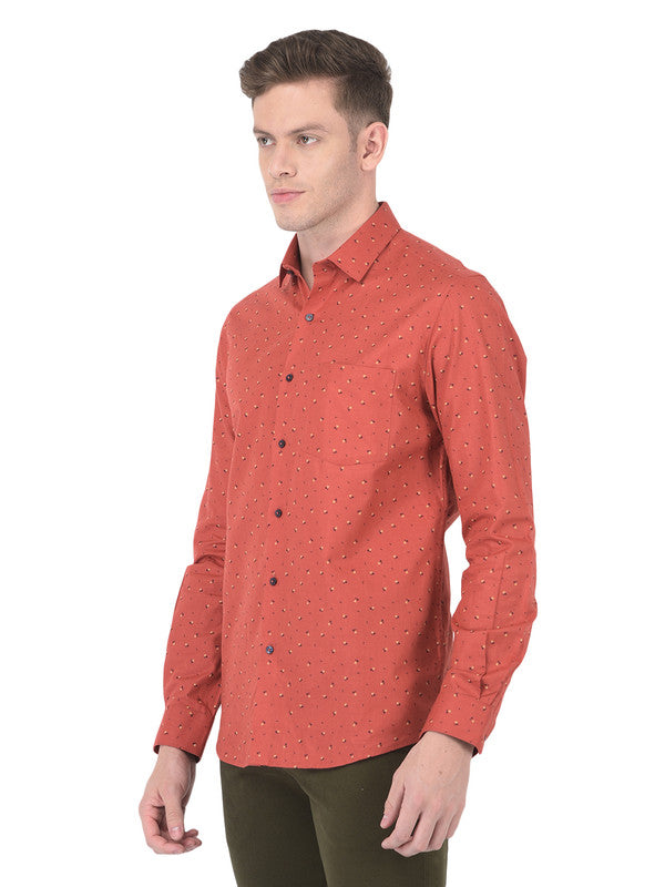 Red Cotton Linen Printed Slim Fit Shirt