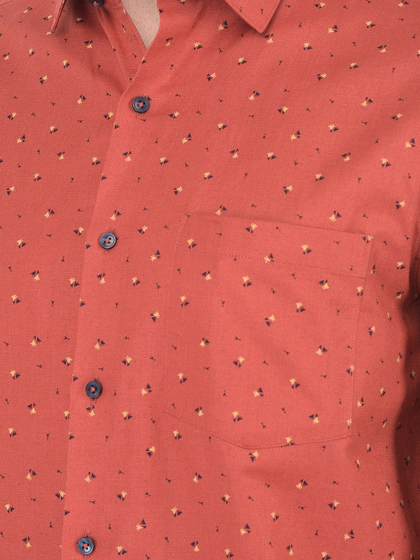 Cotton Linen Brick Red Regular Fit Printed Shirt