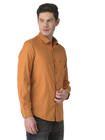 Mustard Cotton Printed Slim Fit Casual Shirt