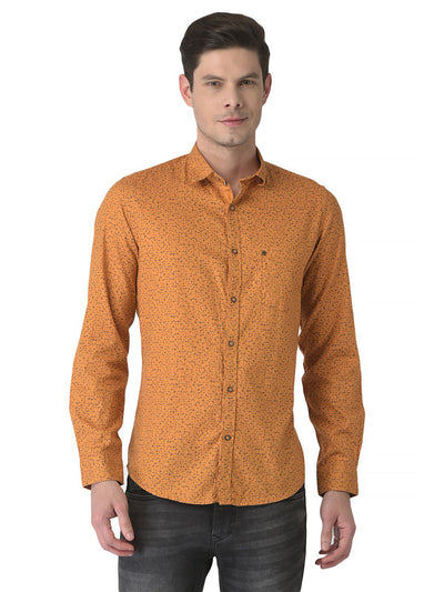 Mustard Cotton Printed Slim Fit Casual Shirt