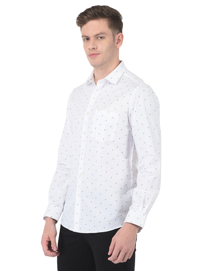 Cotton Linen White Regular Fit Printed Shirt