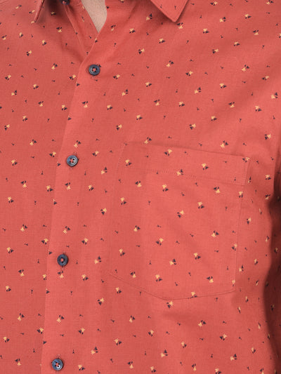 Red Cotton Linen Printed Slim Fit Shirt