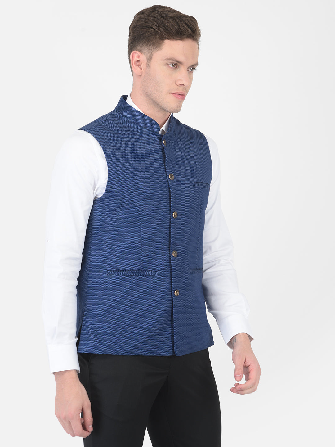 Blue Self Design Nehru Jacket