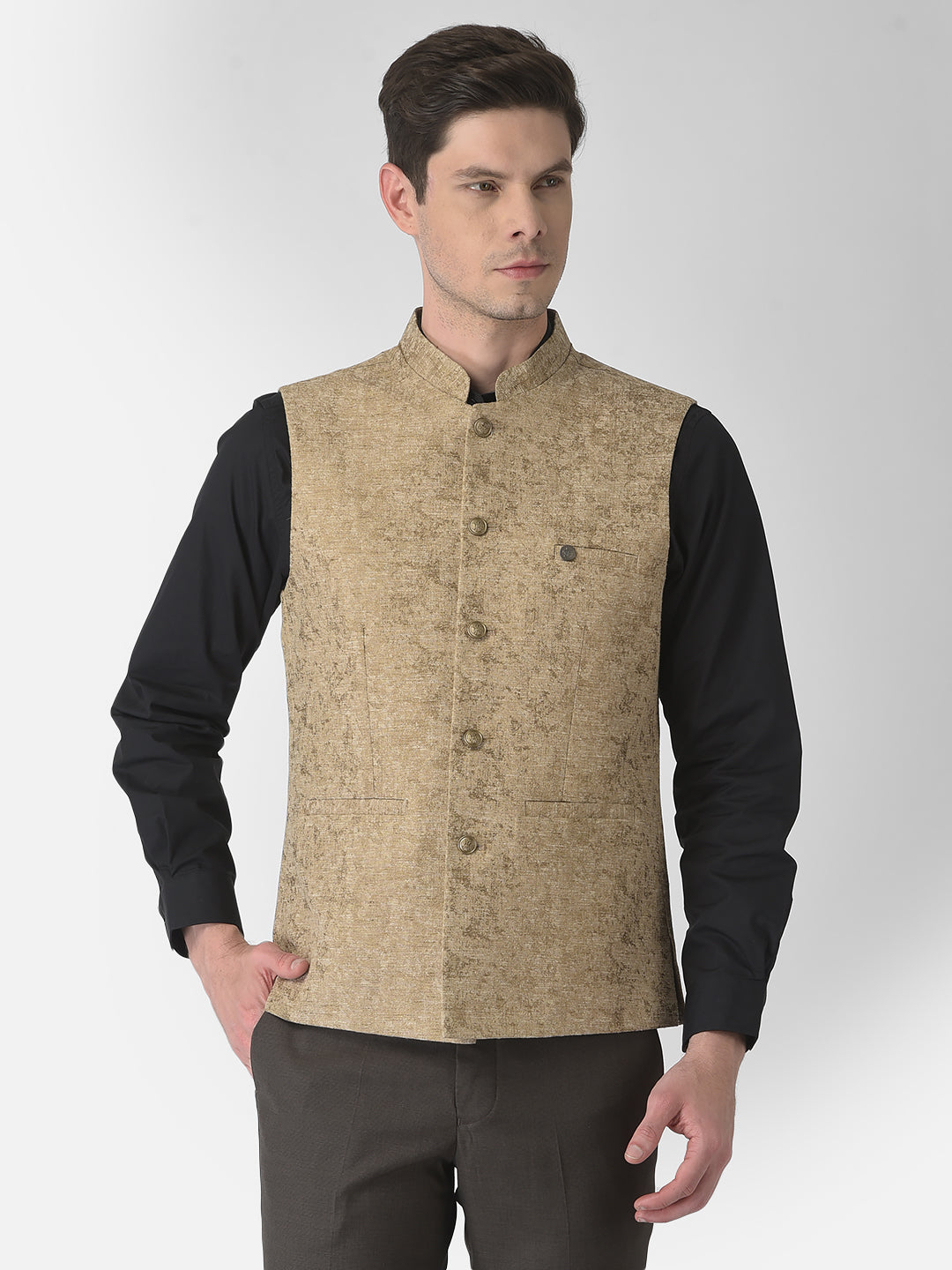 Turtle Men Khaki Self Design Nehru Jacket