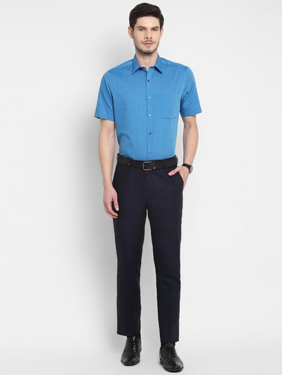 Blue Cotton Solid Slim Fit Shirts