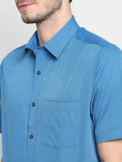 Blue Cotton Solid Slim Fit Shirts