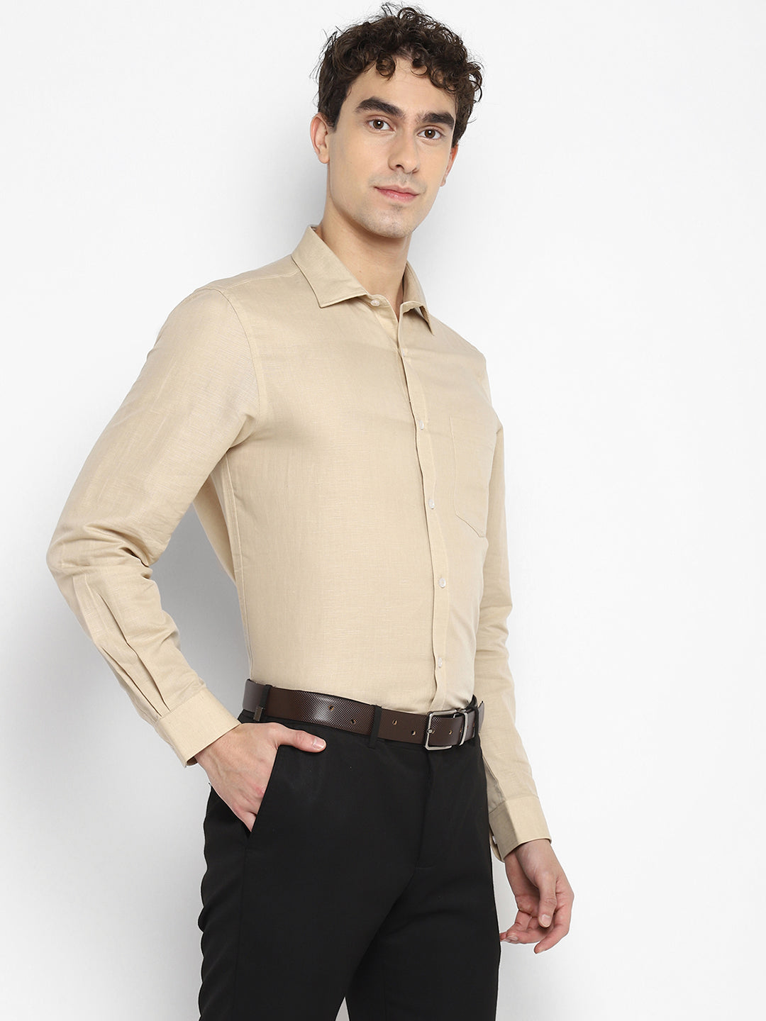Beige Linen Solid Slim Fit Shirt