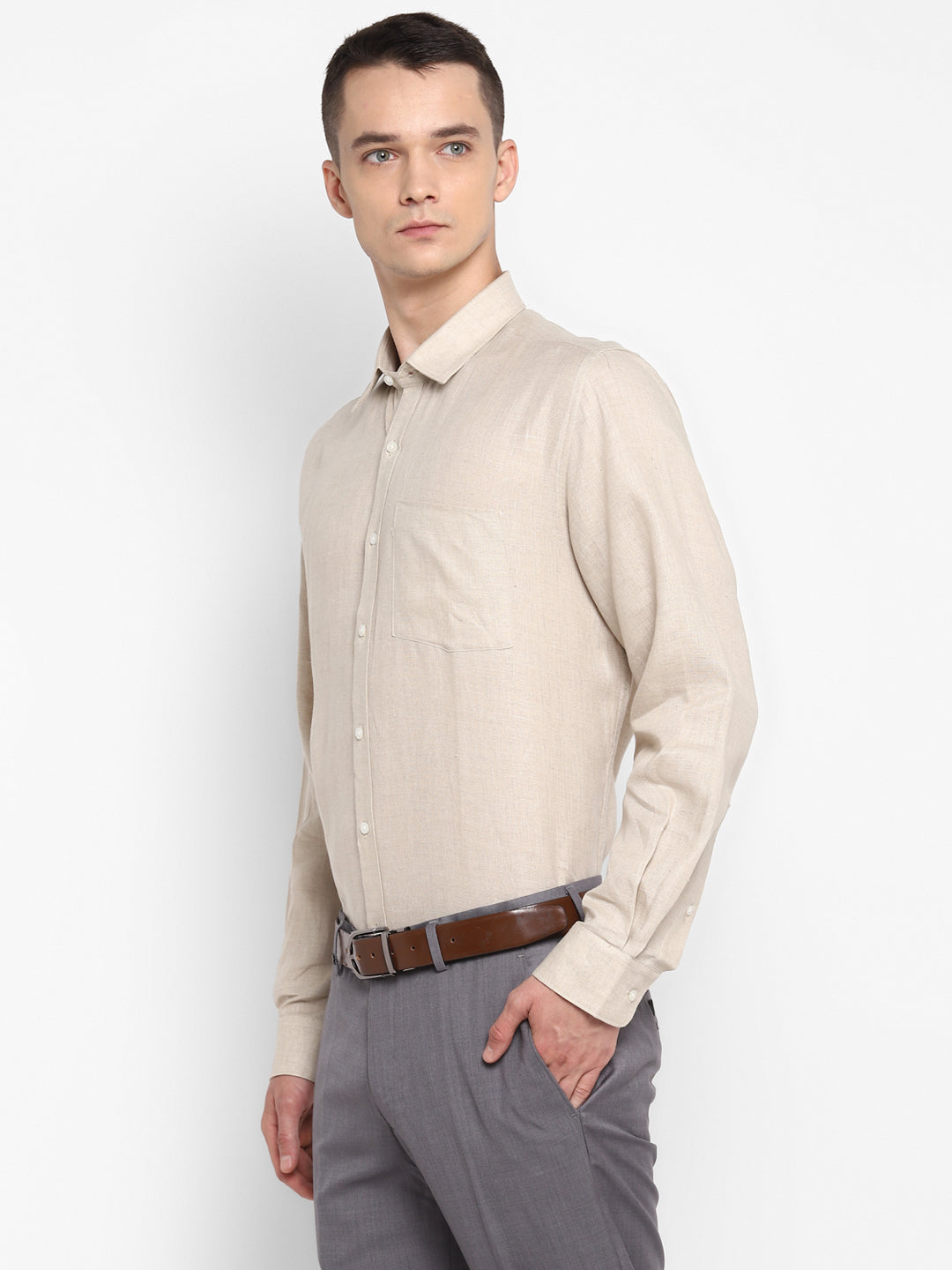 Solid Beige Regular Fit Formal Shirt