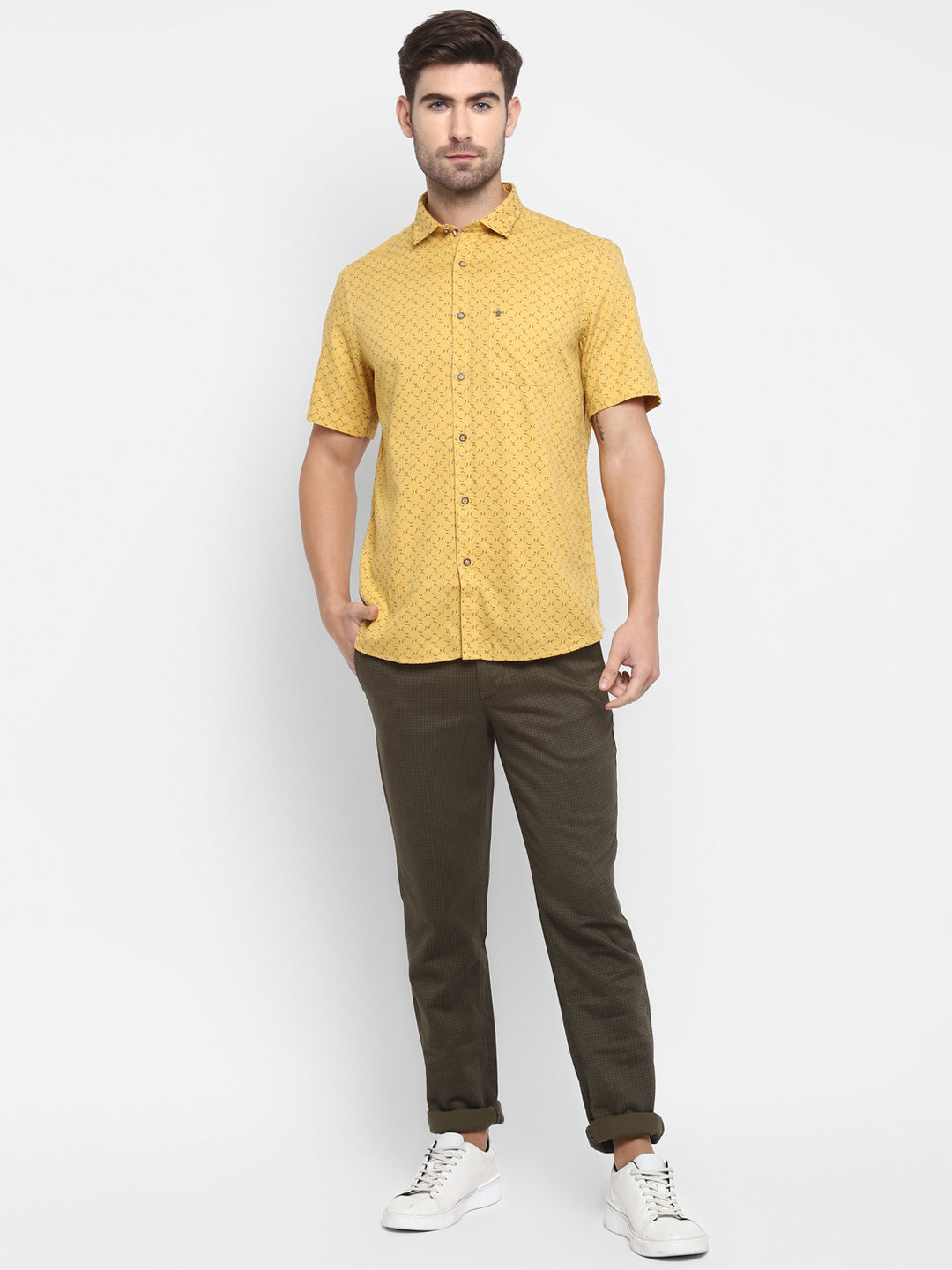 Printed Yellow Slim Fit Casual Shirt