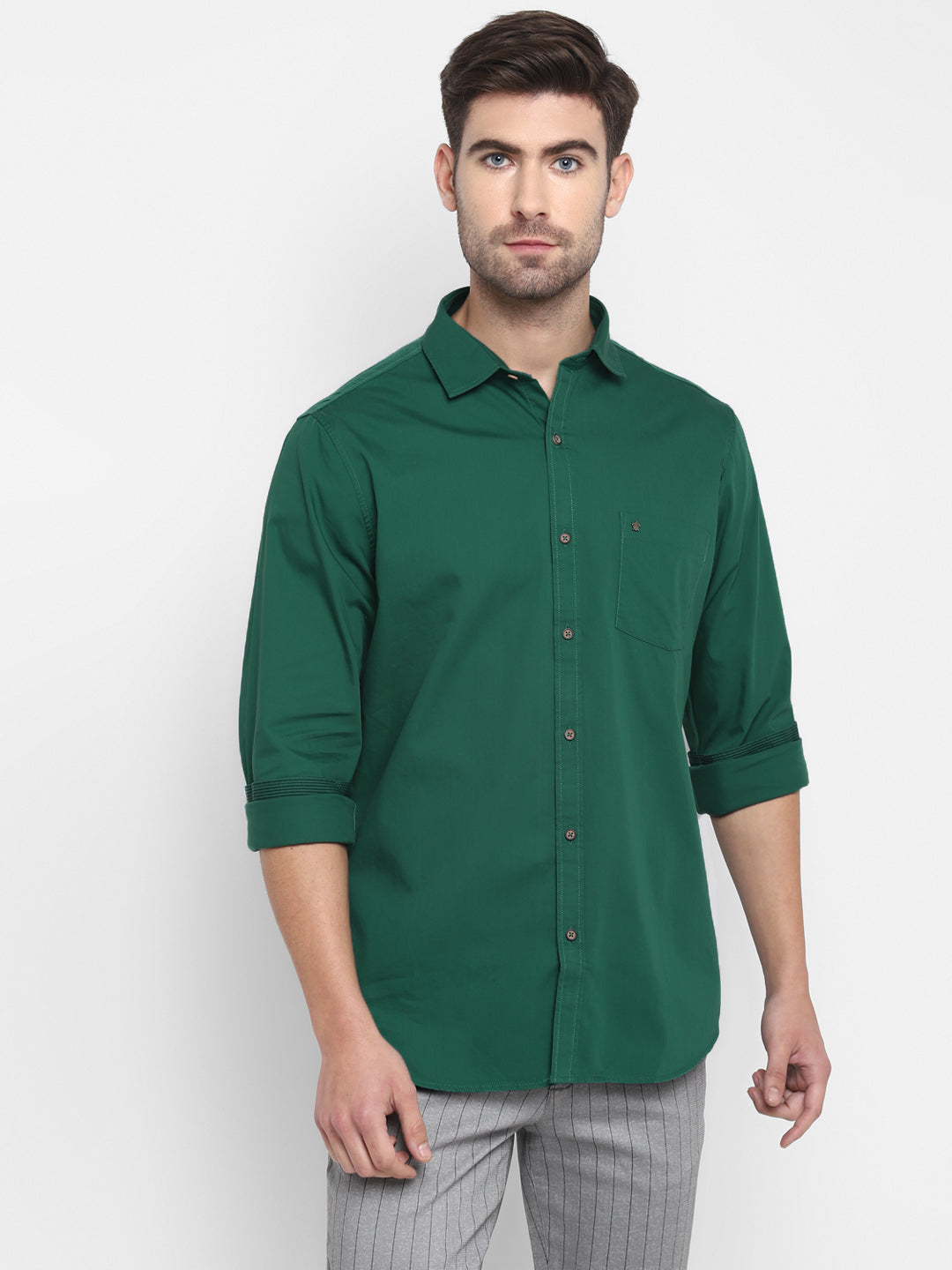 Solid Green Slim Fit Causal Shirt