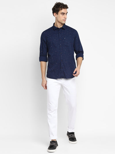Printed Navy Blue Slim Fit Causal Shirt