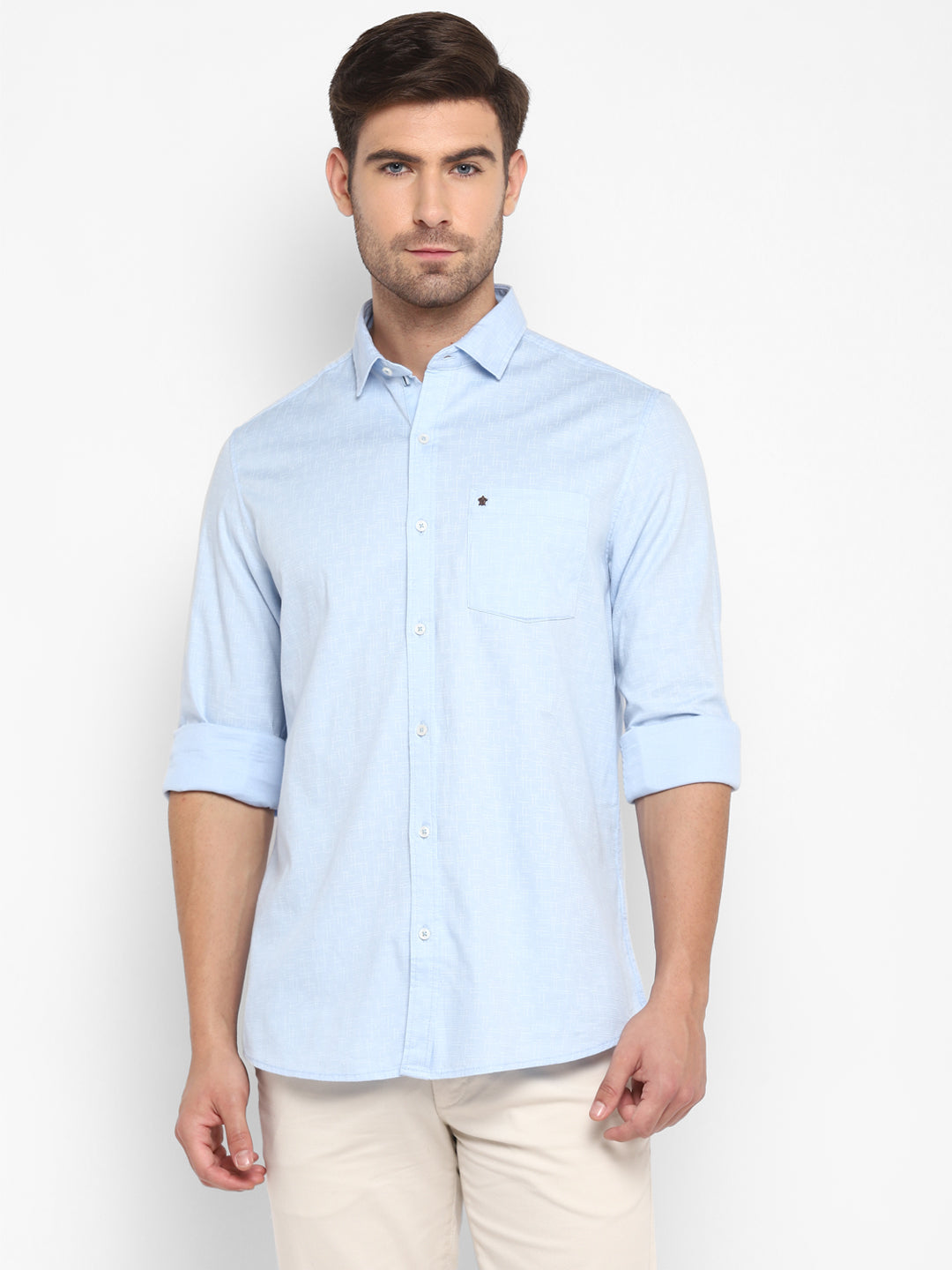 Printed Sky Blue Slim Fit Causal Shirt